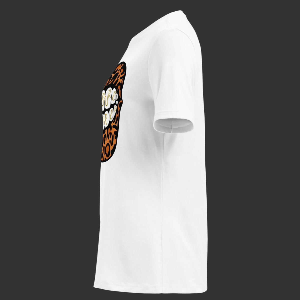 White t-shirt with a colorful graphic on the sleeve against a white background