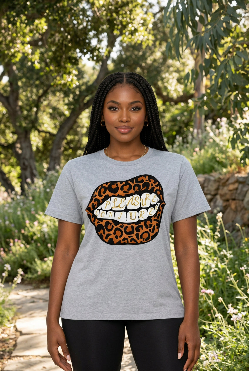 Gray t-shirt with leopard print lips graphic and text on a white background