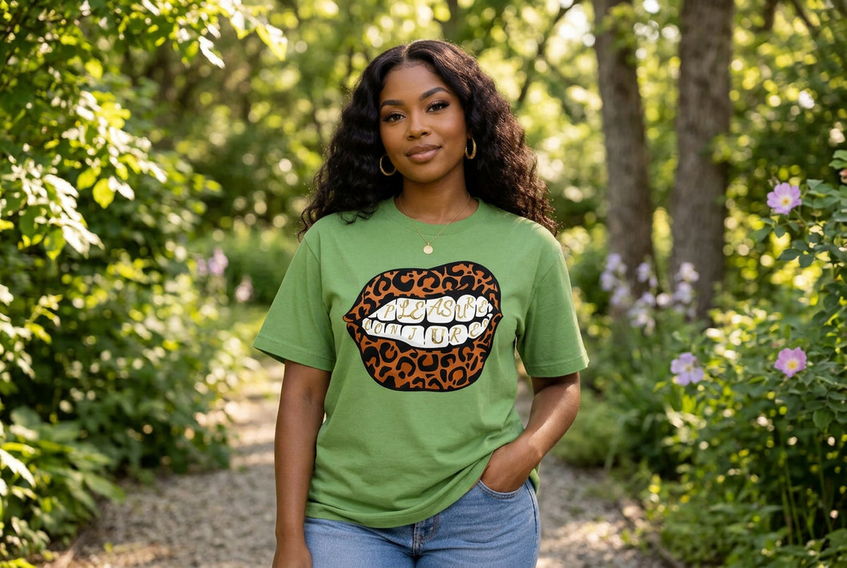 Green t-shirt with leopard print lips graphic and text on a white background