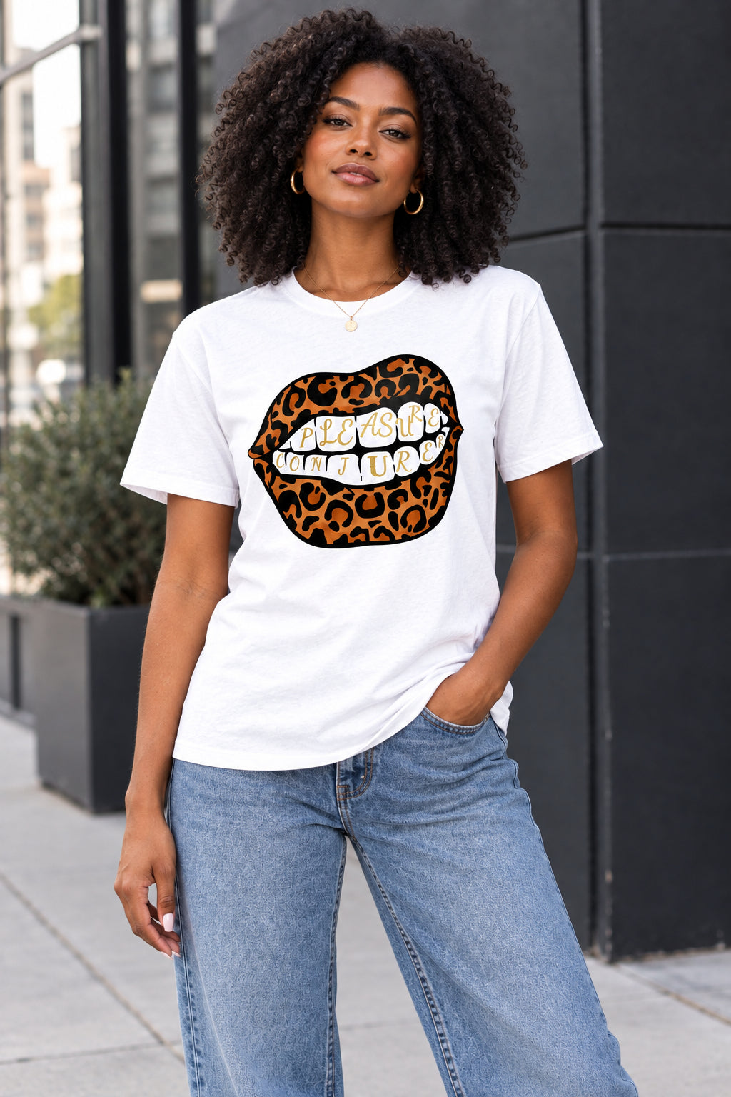 White t-shirt with leopard print lips graphic and text on a white background