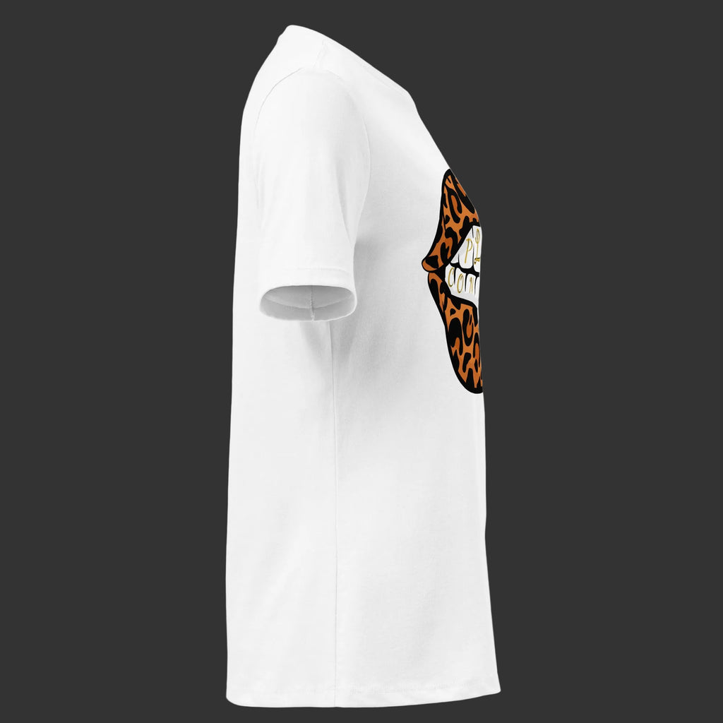 White t-shirt with a leopard print lips graphic on a white background