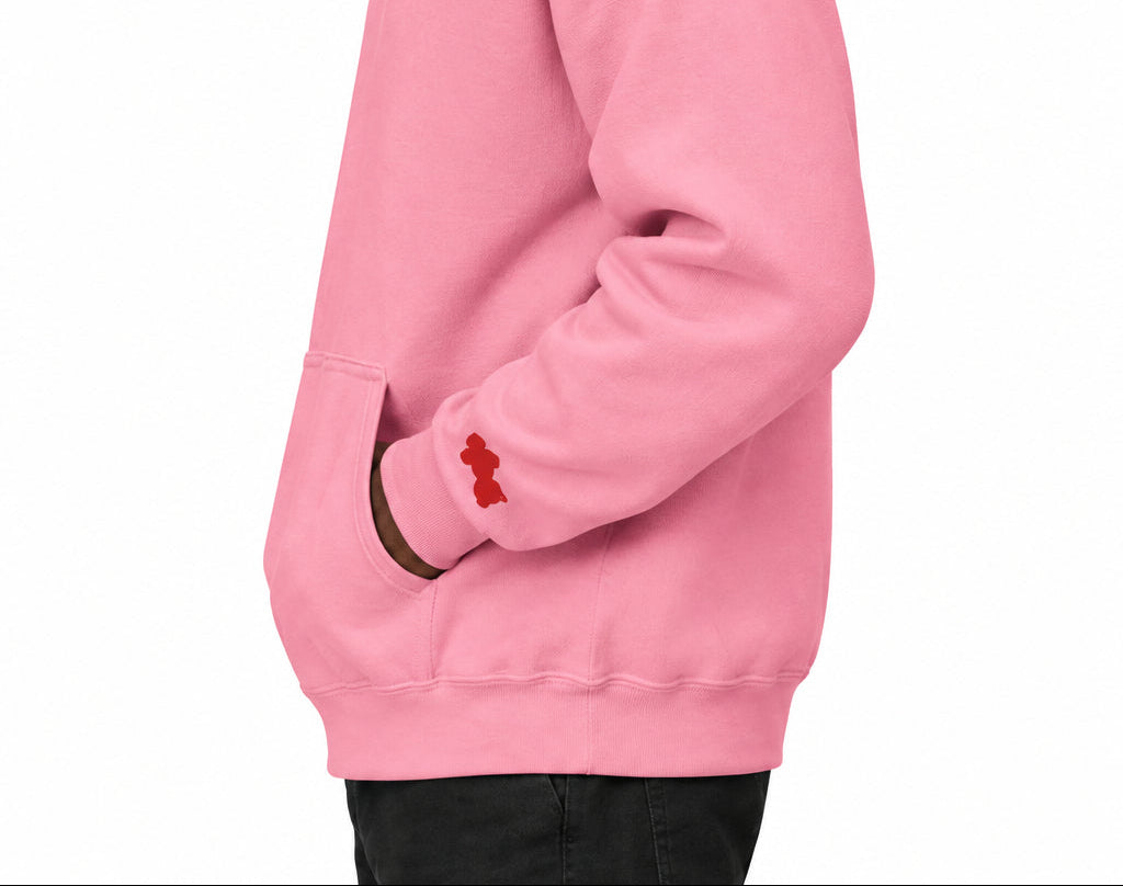 A pink pullover hoodie shown from the side profile on a solid white background, featuring a small red map of Guyana graphic on the left sleeve and a small turquoise graphic on the upper right shoulder.