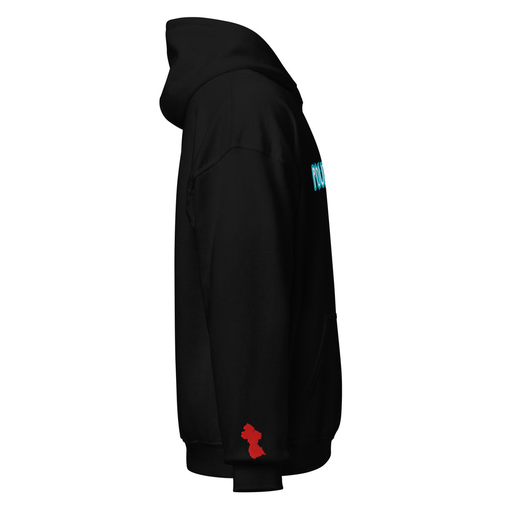 A black pullover hoodie shown from the side profile on a solid white background, featuring a small red map of Guyana graphic on the lower cuff and a small light blue graphic on the upper sleeve.