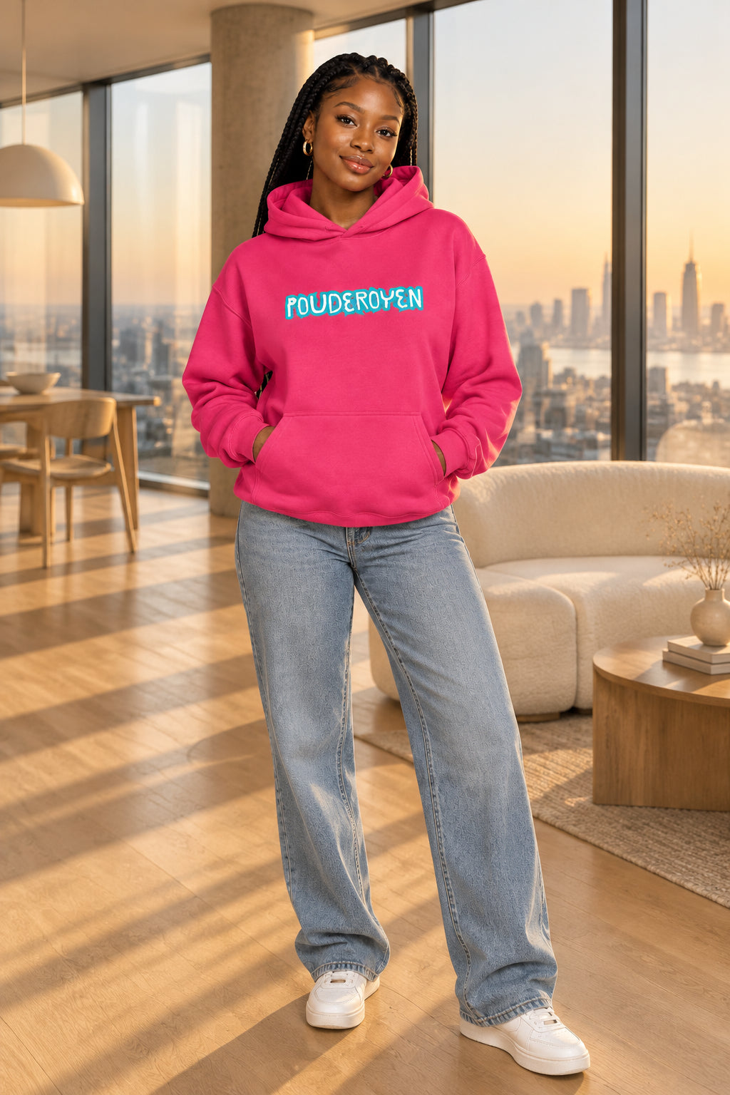 A bright pink pullover hoodie featuring the word 'POUDEROYEN' printed in a stylized turquoise font across the chest.
