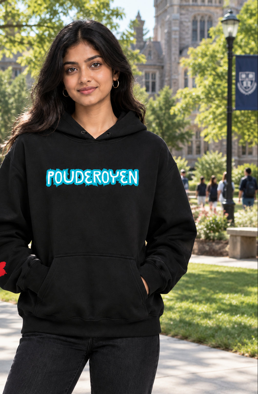 Black hoodie with 'Pouderoyen' text on a white background