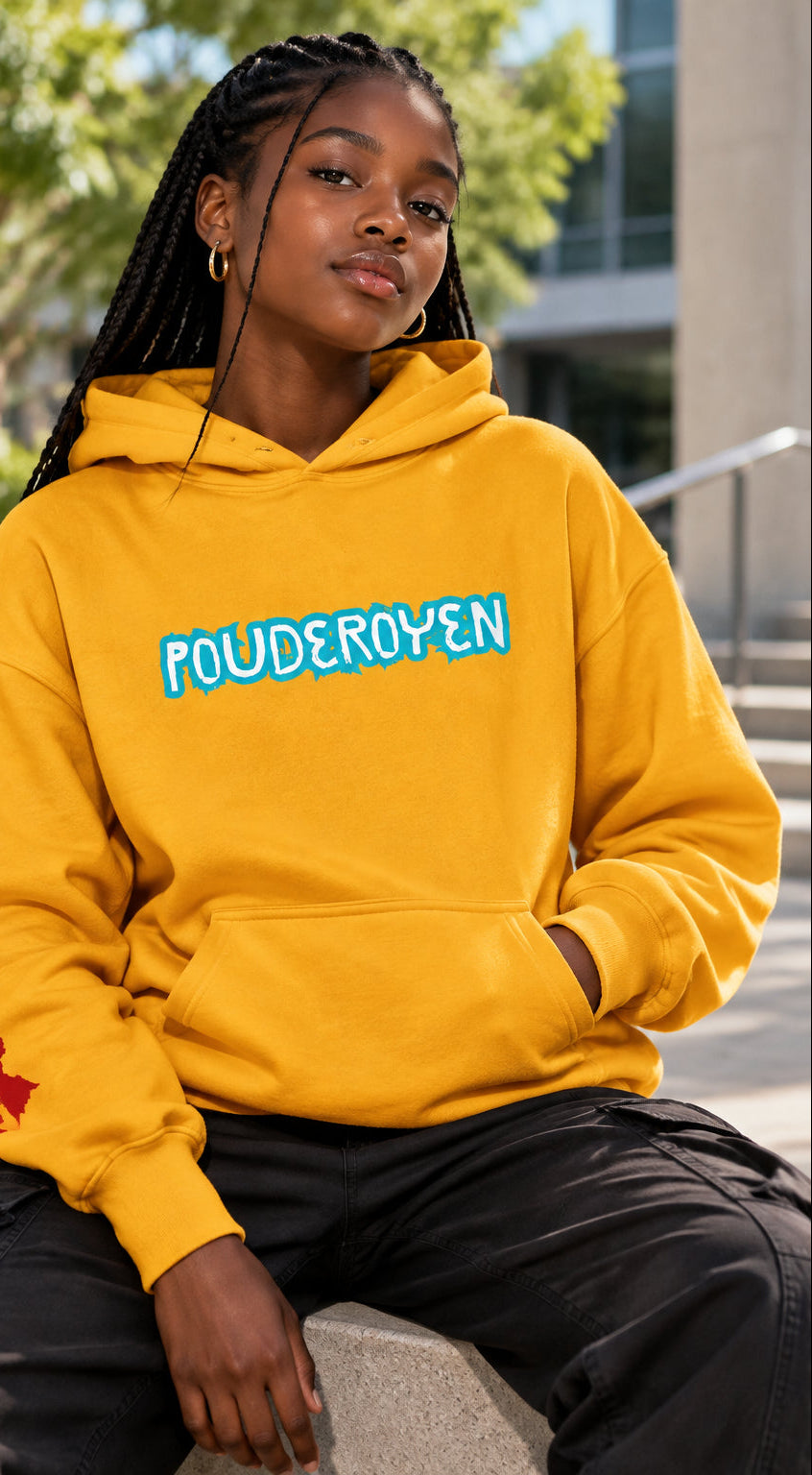 A golden yellow pullover hoodie with 'POUDEROYEN' printed across the chest in light blue bubble letters with a white outline. The hoodie features a front kangaroo pocket and a small red graphic on the left sleeve cuff, shown against a plain white background.
