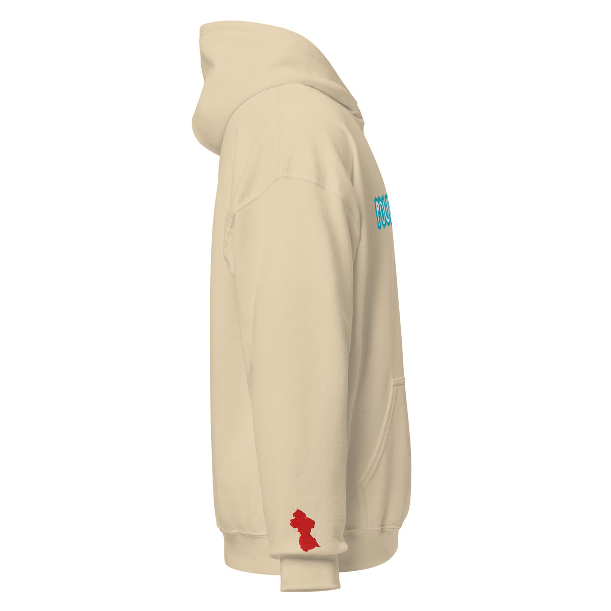 A side profile view of a beige hoodie on a white background, featuring a small red map of Guyana  on the sleeve cuff 