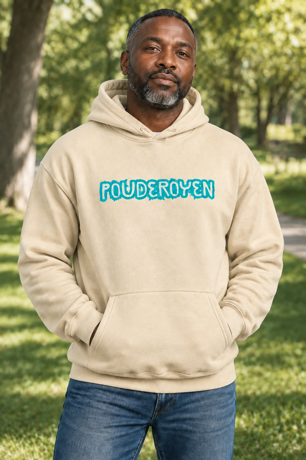 A beige pullover hoodie with 'POUDEROYEN' printed across the chest in a stylized blue and white font, shown against a plain white background.