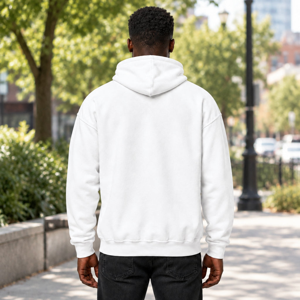 A white pullover hoodie shown from the back, featuring a small red graphic on the left sleeve cuff, set against a plain white background.