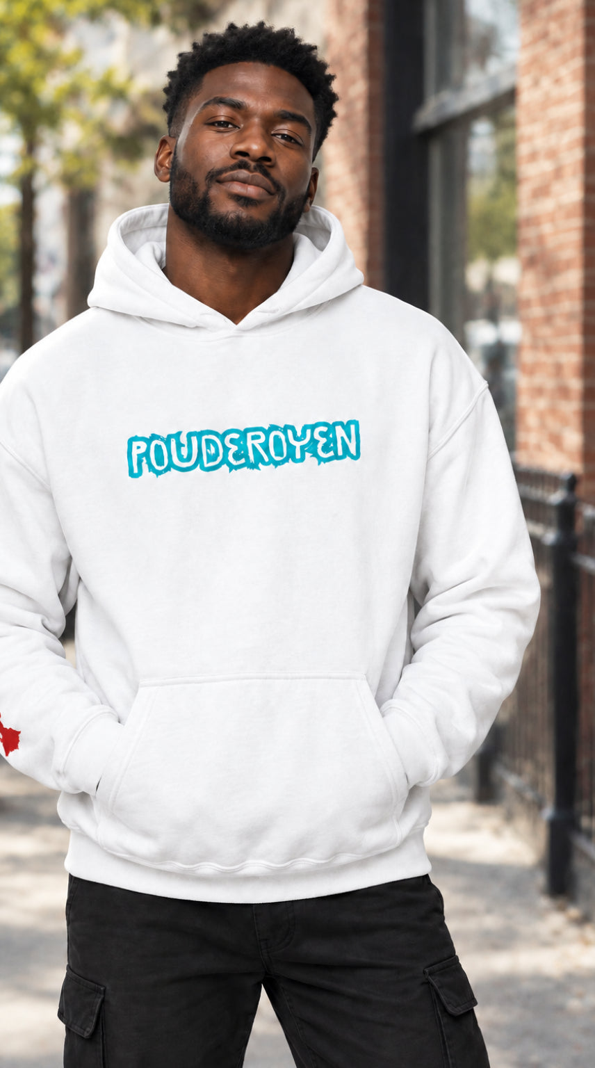 A white pullover hoodie with 'FOUDEROYEN' printed across the chest in a stylized blue outline font. The hoodie features a front kangaroo pocket and a small red graphic on the left sleeve cuff, shown against a plain white background.
