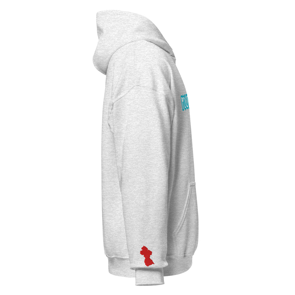 A light heather gray pullover hoodie shown from the side profile on a white background, featuring a small red map of Guyana graphic on the sleeve 