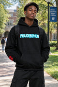 A black pullover hoodie with 'POUDEROYEN' printed across the chest in a bright blue, dripping font. The hoodie features a front kangaroo pocket and ribbed cuffs and hem, shown against a plain white background.