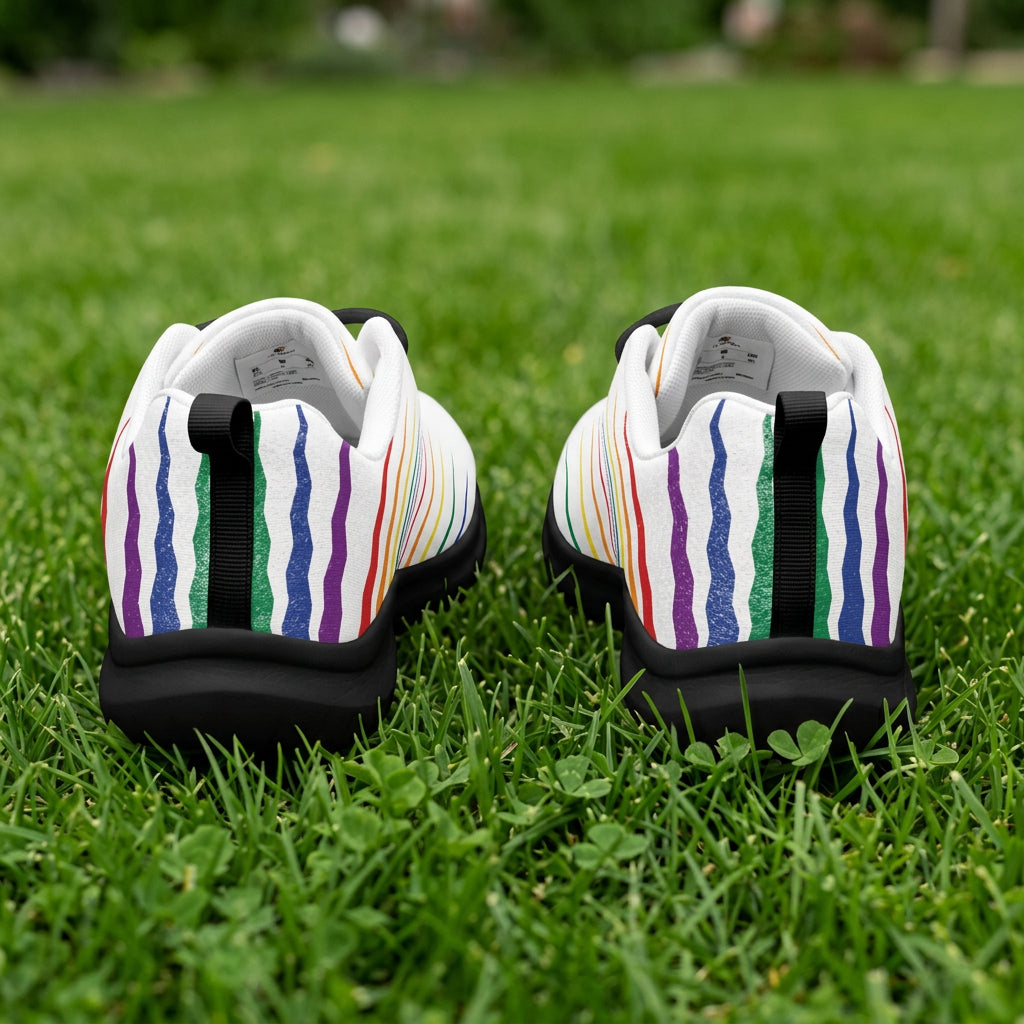 Pair of sneakers with colorful striped pattern on a white background