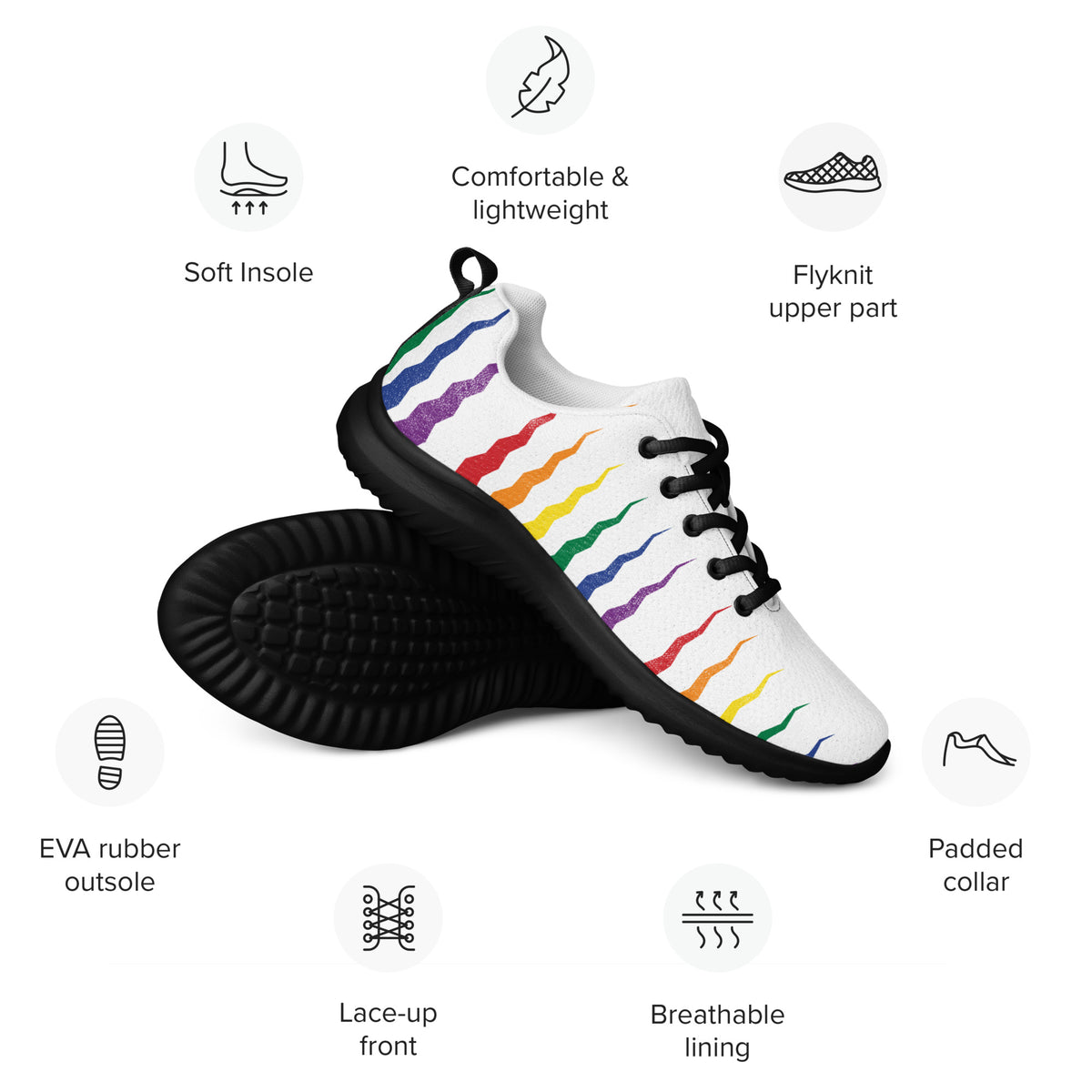 White sneaker with rainbow design on a white background with feature icons.