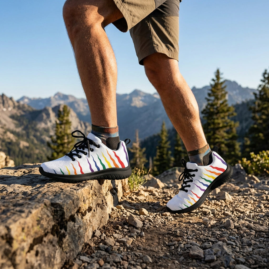 White sneakers with black laces and colorful abstract patterns on a white background