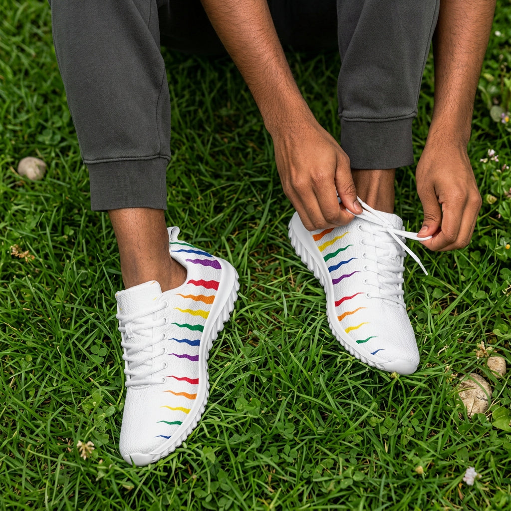 White sneakers with rainbow accents being tied by a person 