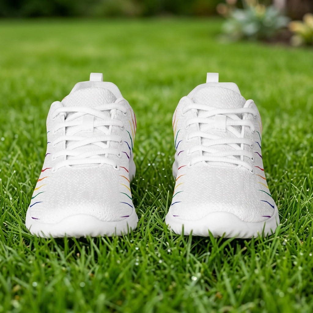 White sneakers with rainbow accents on a white background