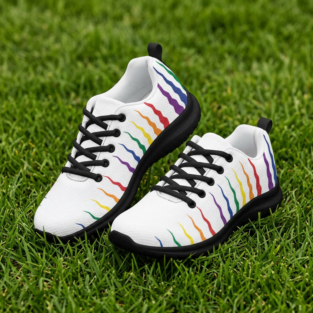 White sneakers with colorful wave pattern on a white background