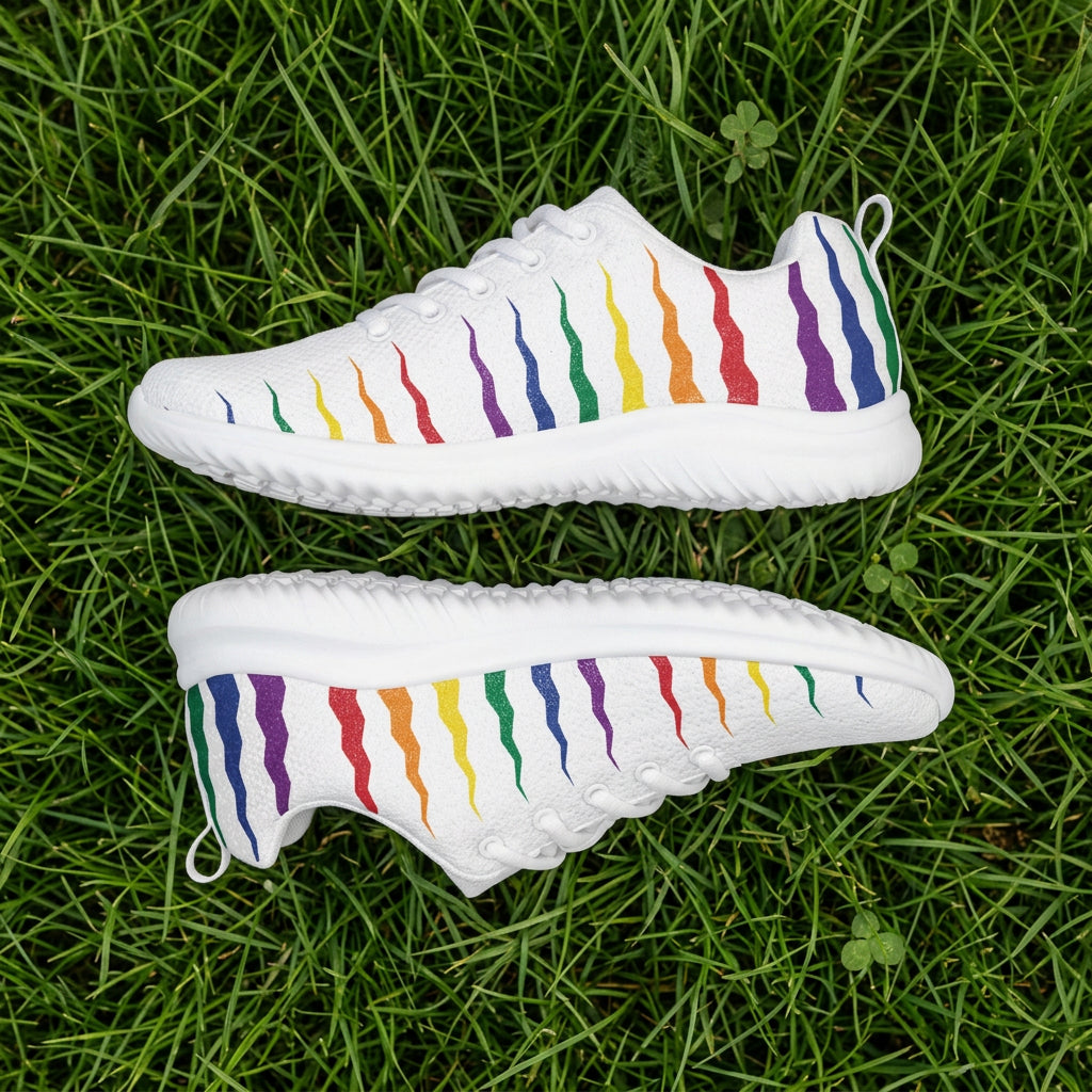 White sneakers with rainbow stripes on a white background