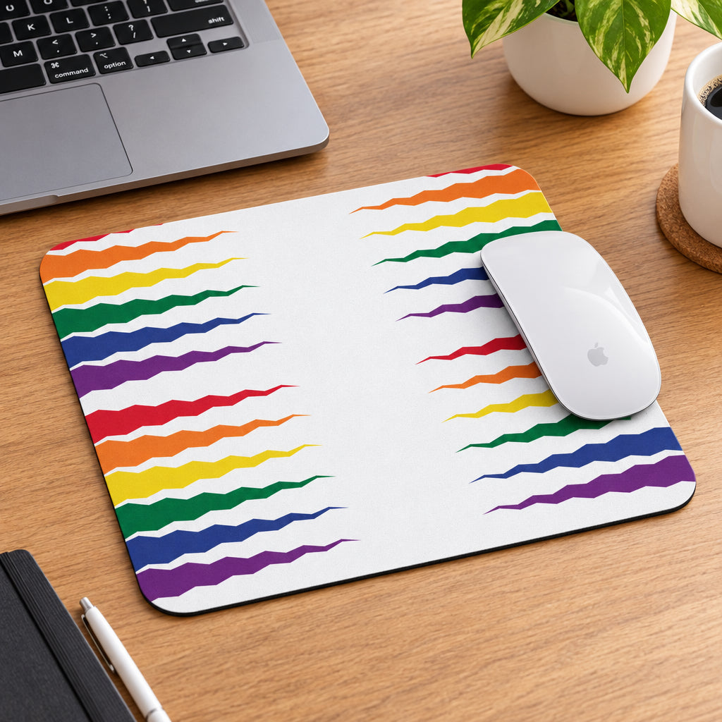 Mouse pad with rainbow wave pattern on a white background