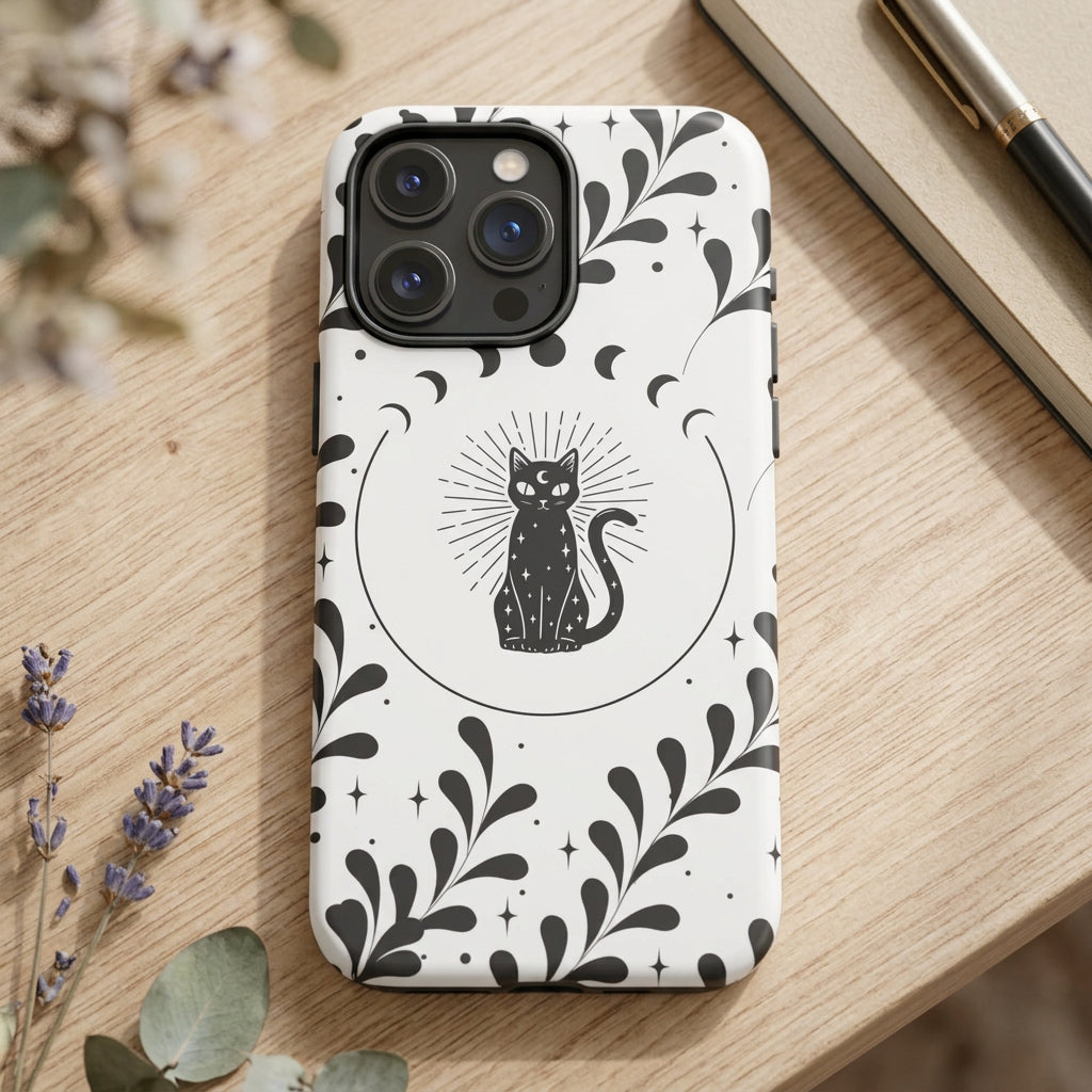 Phone case with black cat design and floral pattern on a white background