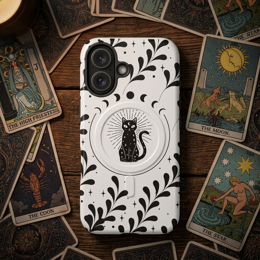 Phone case with black cat design and floral pattern on a white background