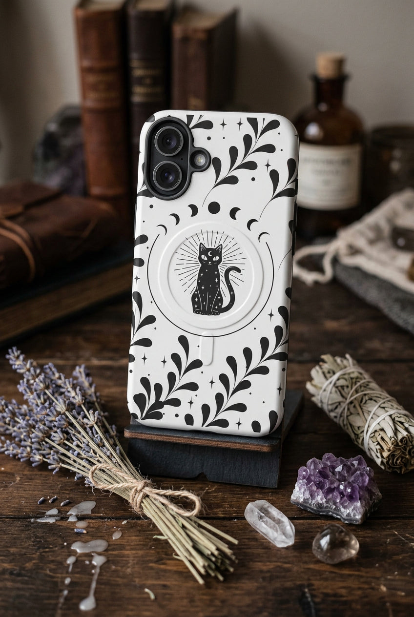 Phone case with black cat design and floral patterns on a white background