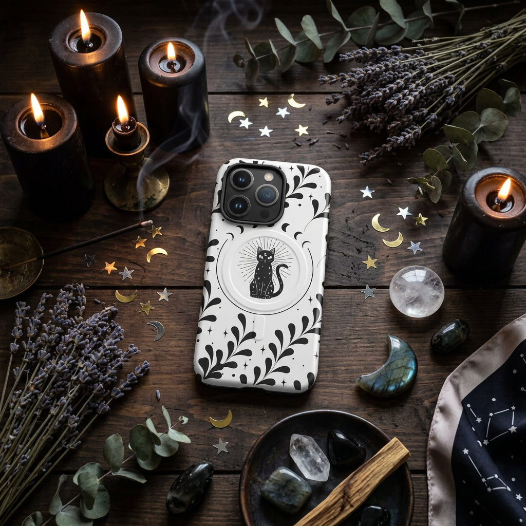Phone case with black cat design and floral pattern on a white background