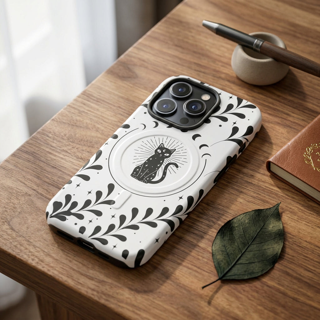 Phone case with black cat design and floral pattern on a white background