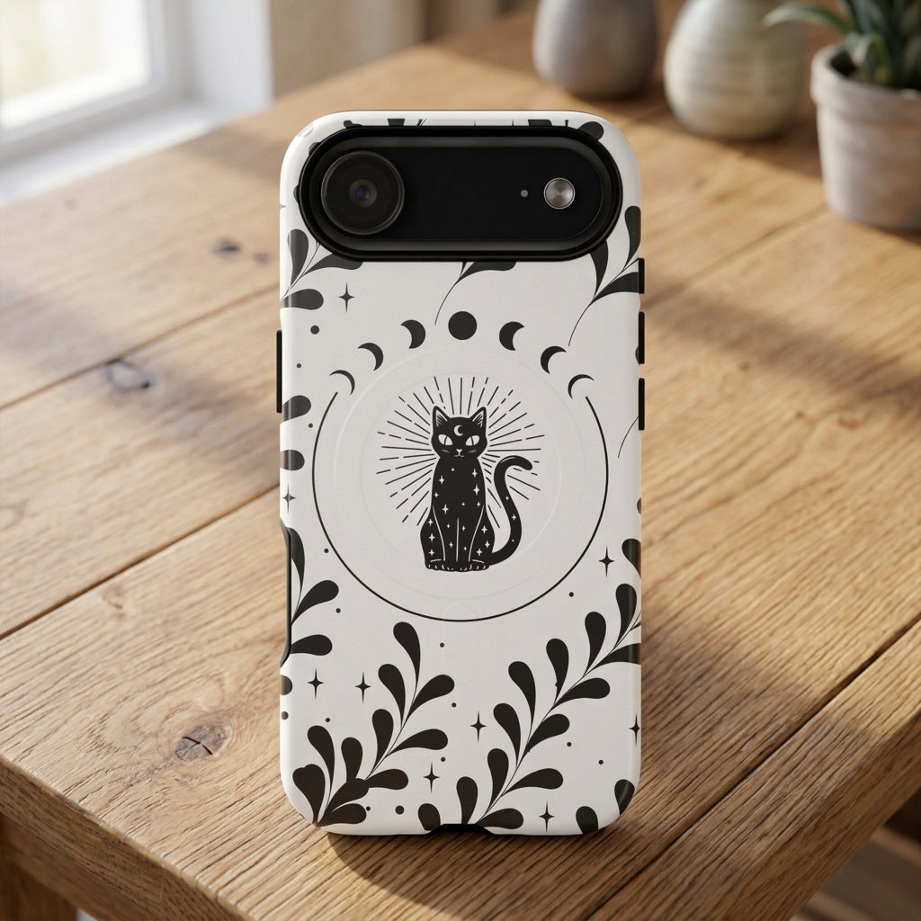 Phone case with black cat design on a white background