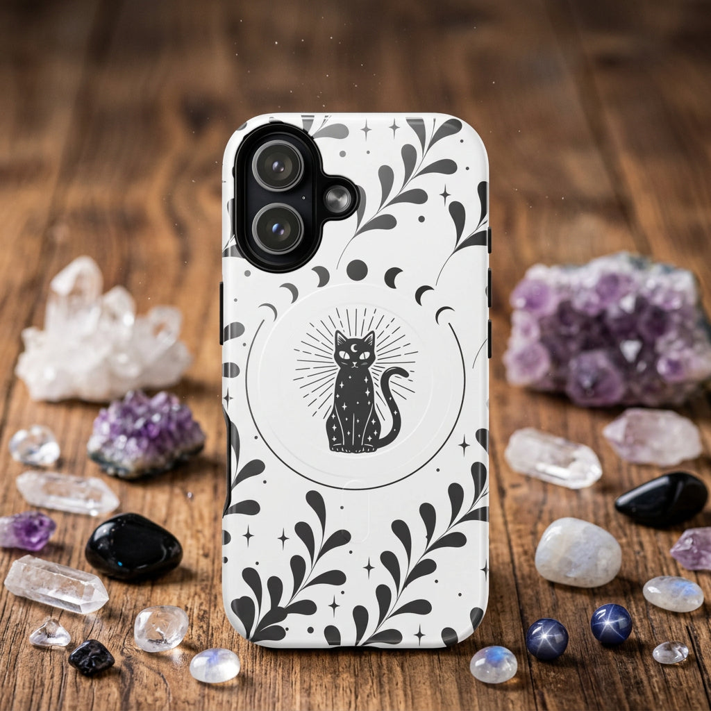 Phone case with black cat design on a white background