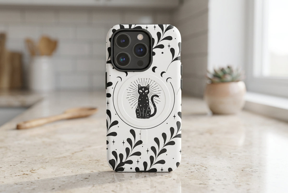 Phone case with black cat design on a white background