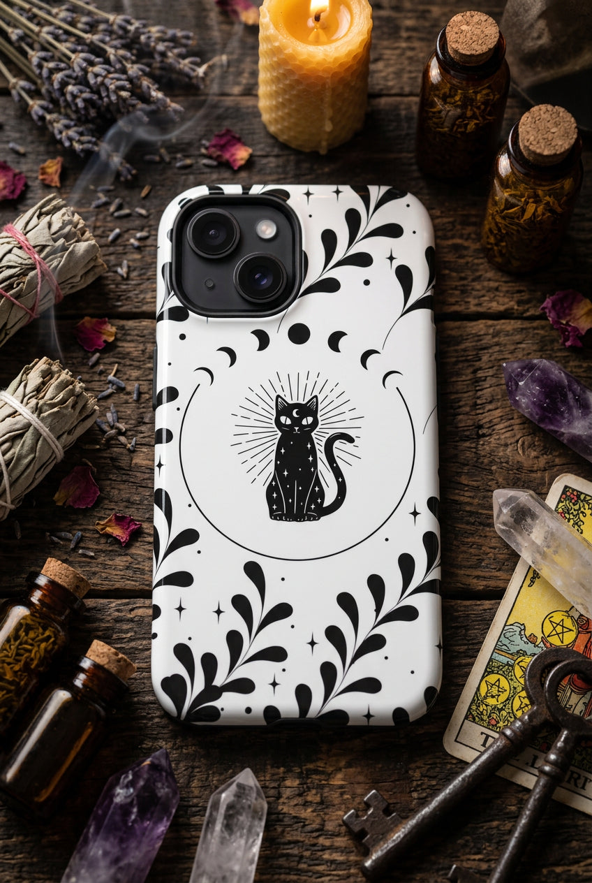 Phone case with black cat design on a white background