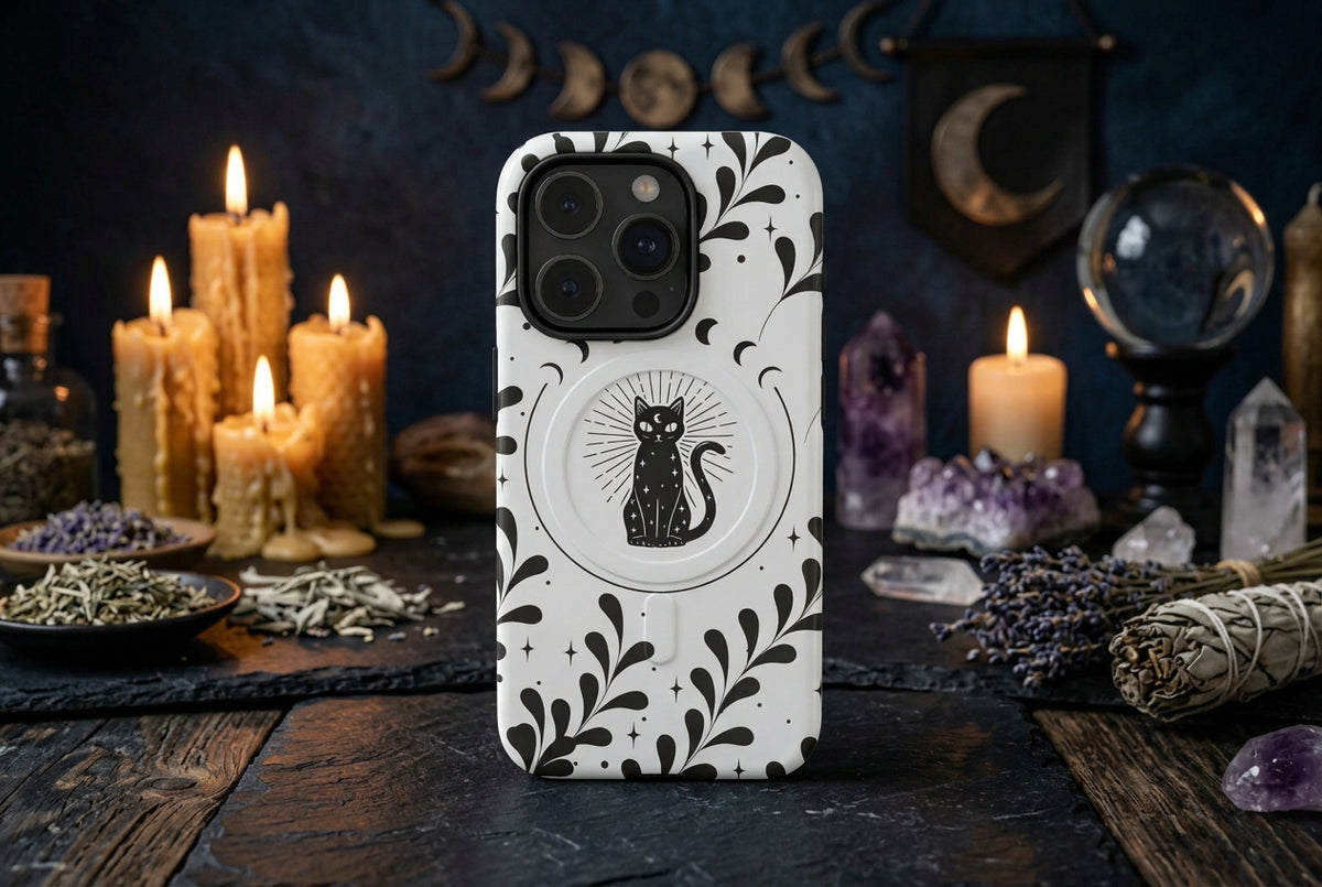 Phone case with black cat design and floral pattern on a white background