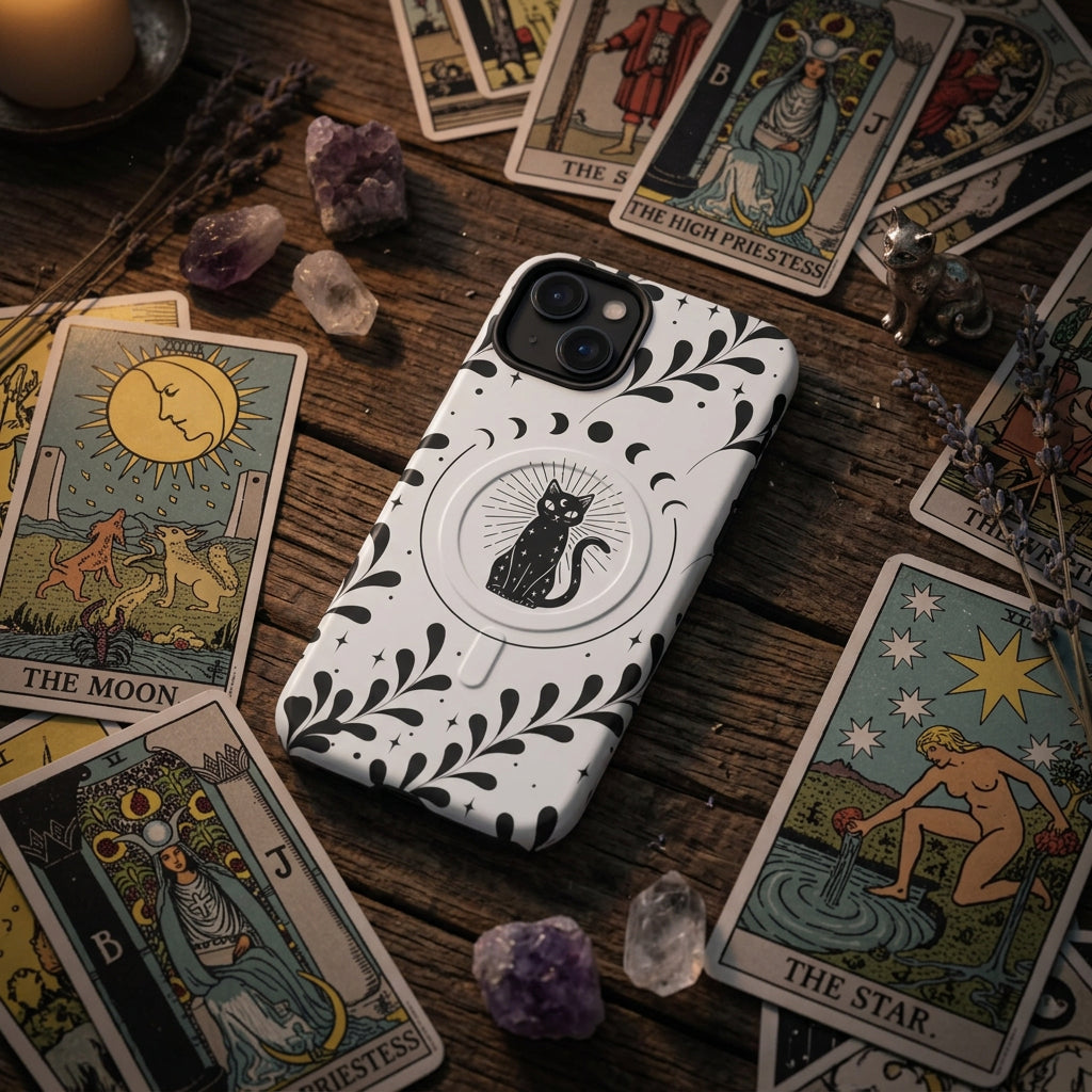 Phone case with black cat design and floral pattern on a white background