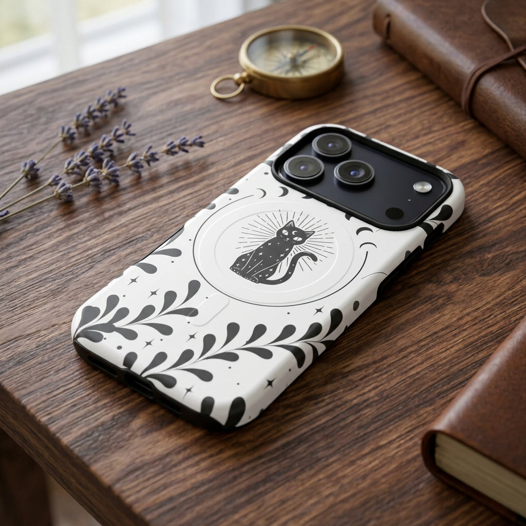 Phone case with black cat design on a white background