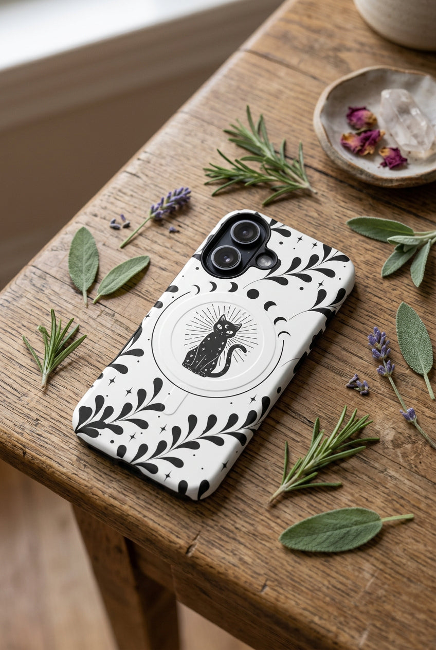 Phone case with black cat design on a white background