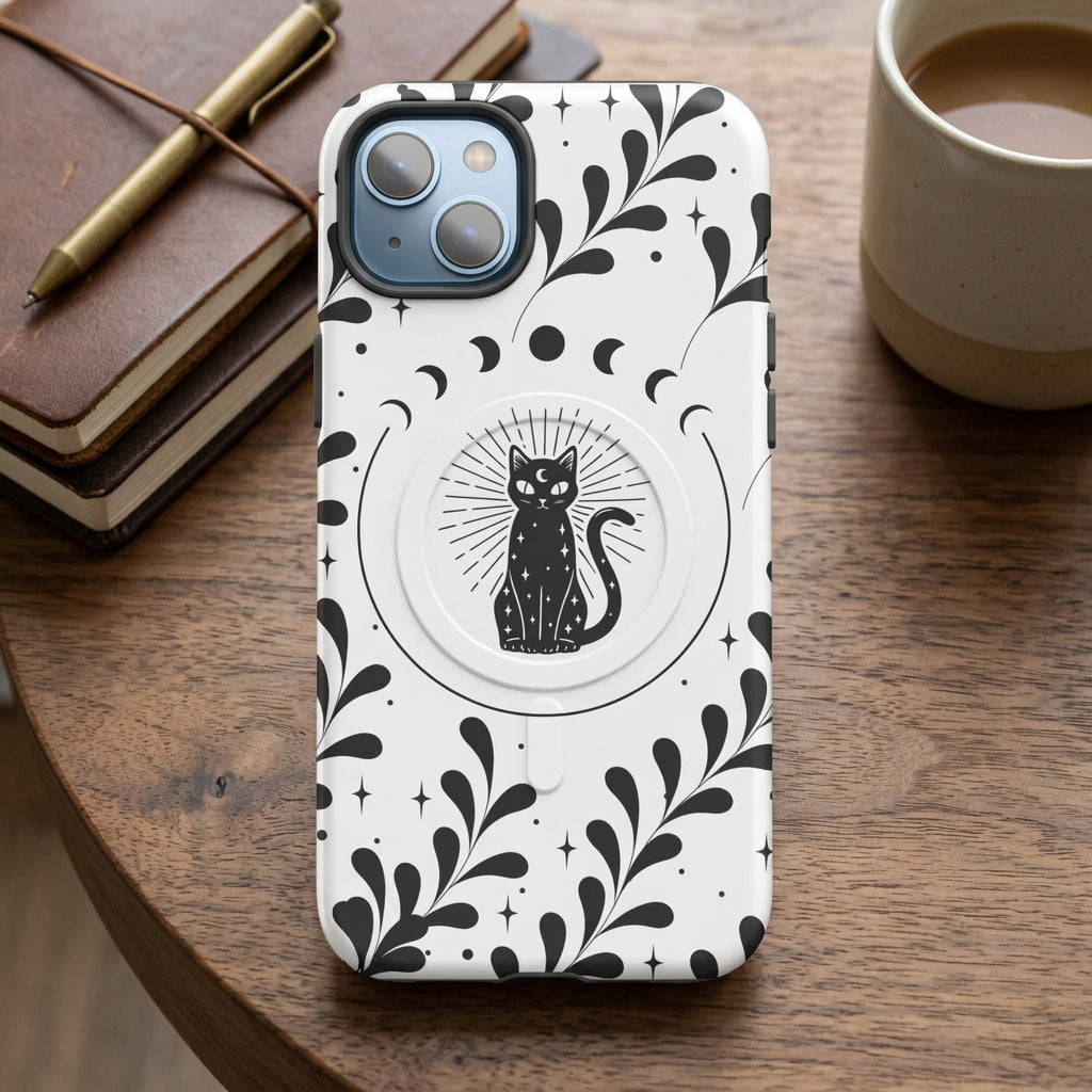 Phone case with black cat design and floral pattern on a white background