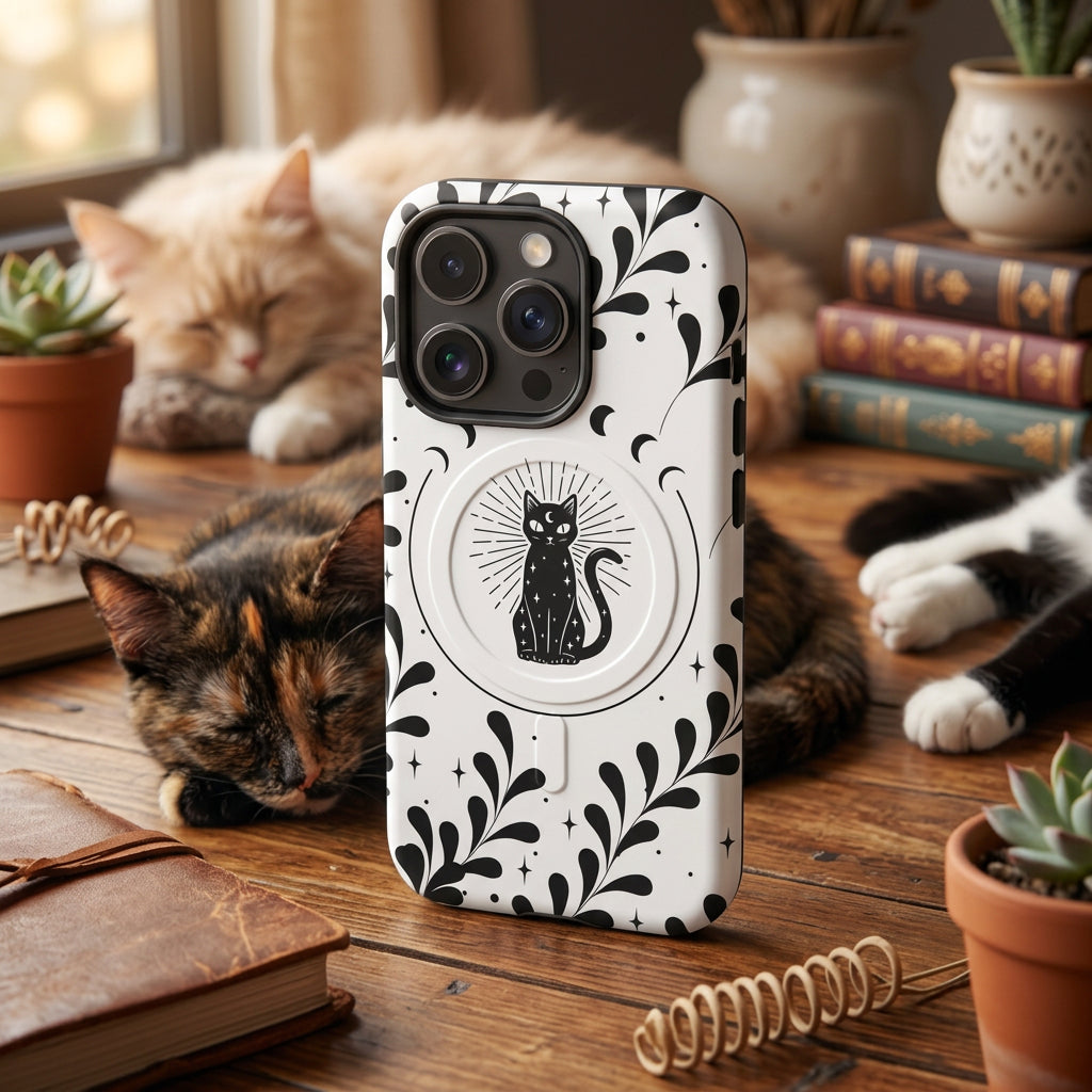 Phone case with black cat design on a white background