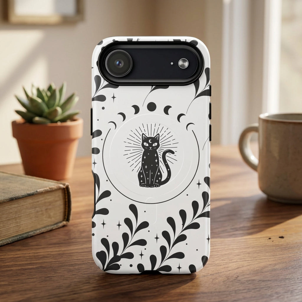 Phone case with black cat design on a white background