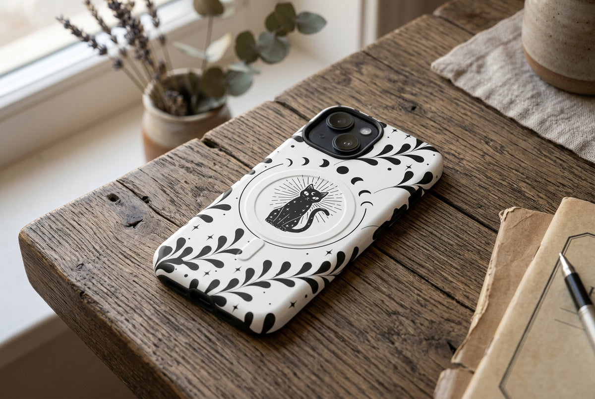 Phone case with black cat design and floral pattern on a white background