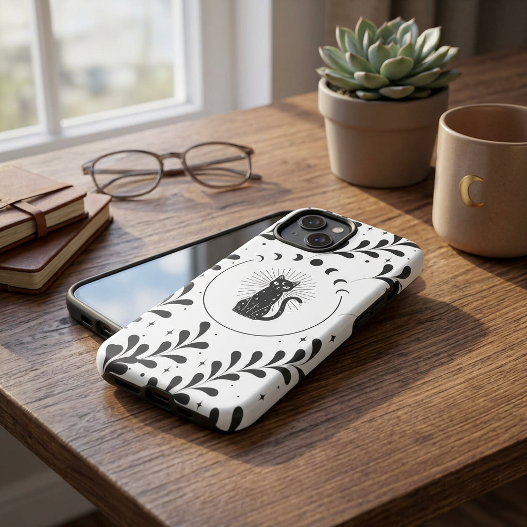 Phone case with black cat design on a white background
