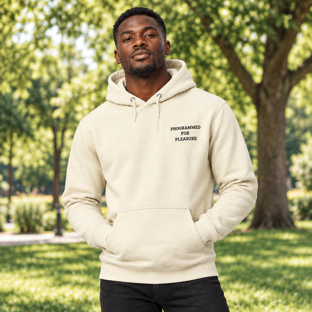 Stone hoodie with text 'PROGRAMMED FOR PLEASURE' on a white background