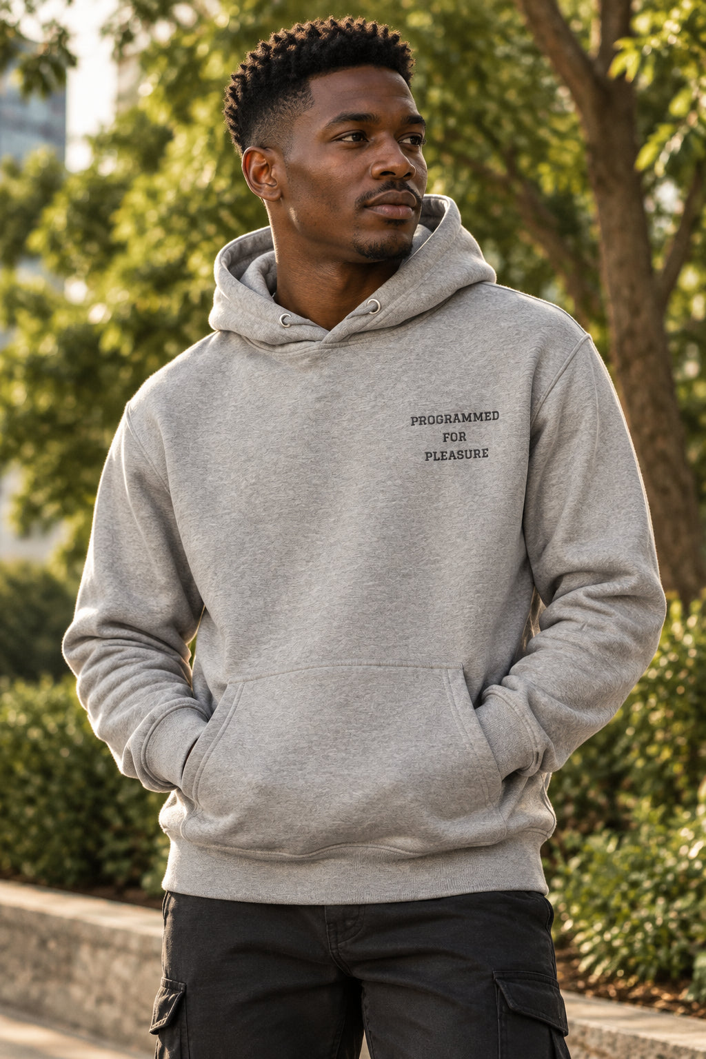 Gray hoodie with 'PROGRAMMED FOR PLEASURE' text on a white background