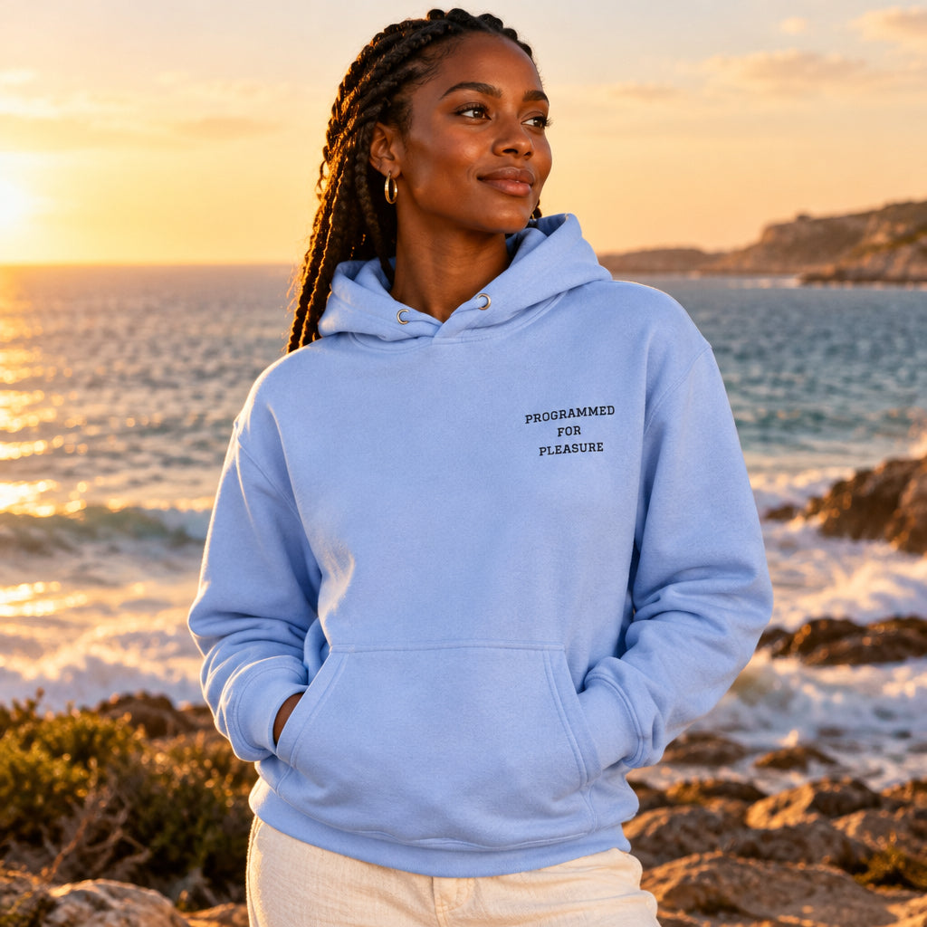Light blue hoodie with a small graphic on the chest against a white background