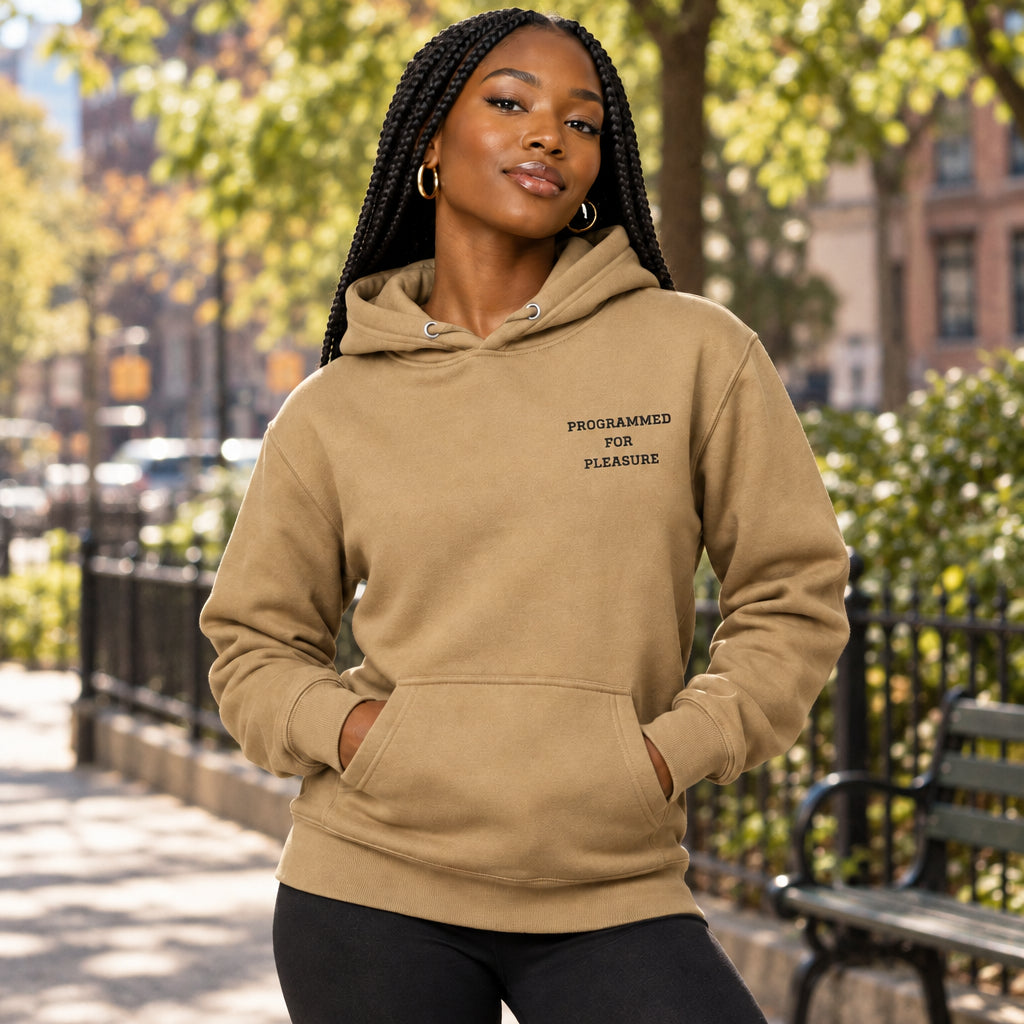 Brown hoodie with IProgrammed For Pleasure on a white background