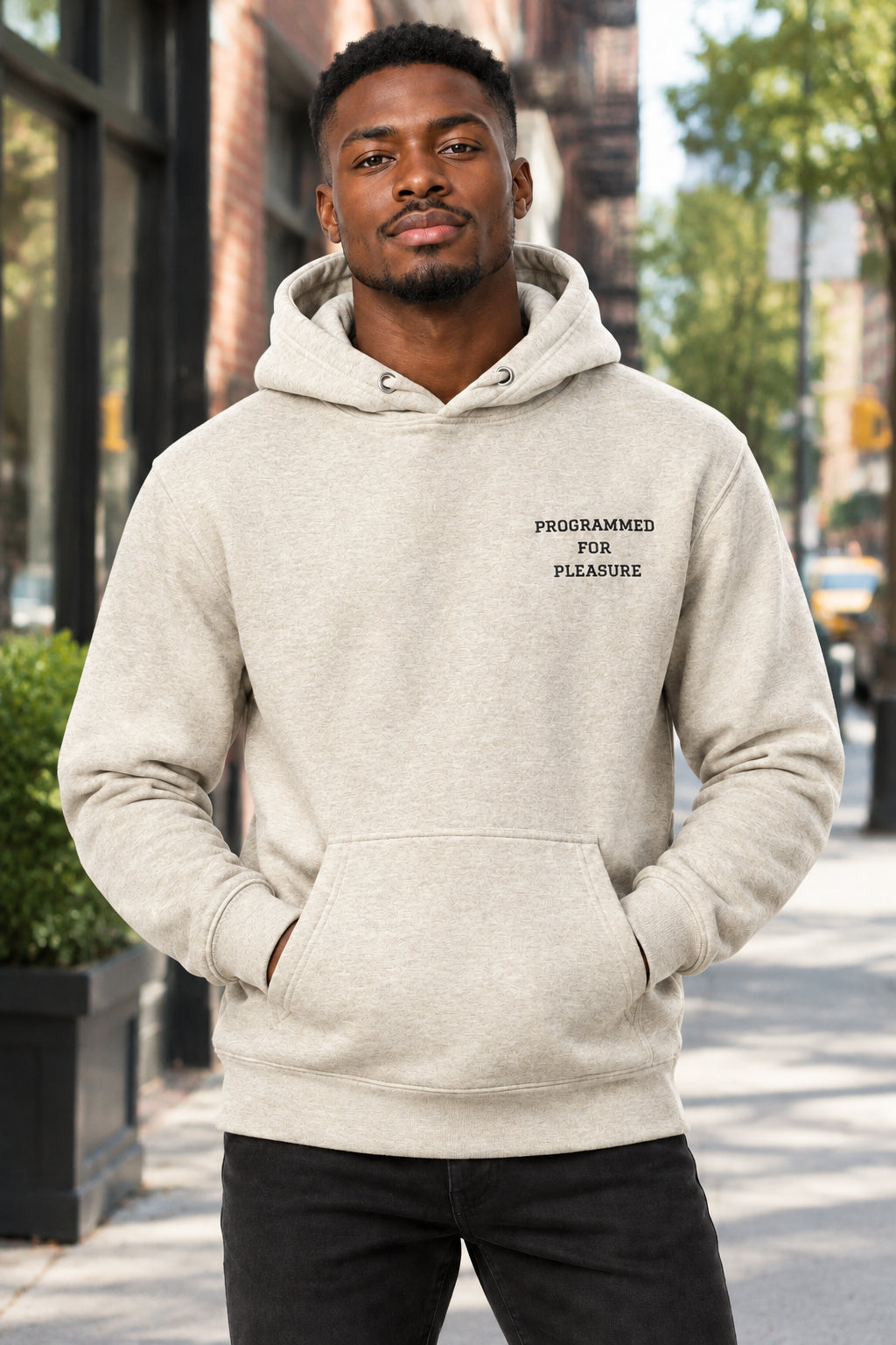 Oatmeal hoodie with text 'PROGRAMMED FOR PLEASURE' on a white background