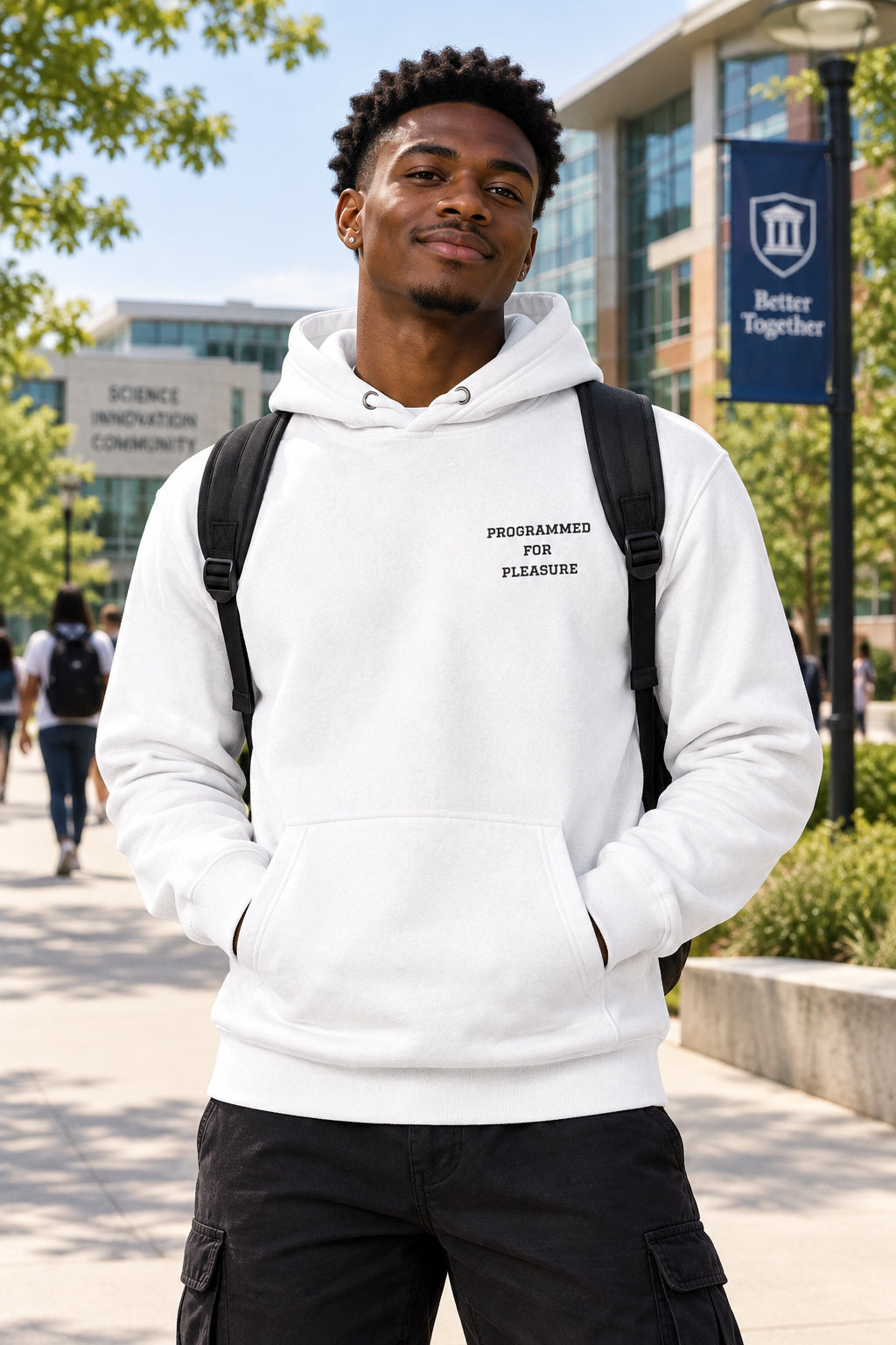 White hoodie with a logo on the chest against a white background