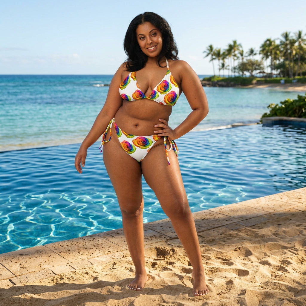 Woman wearing a rainbow rose bikini 
