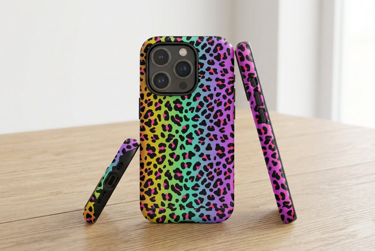 Phone case with a colorful leopard print pattern on a white background